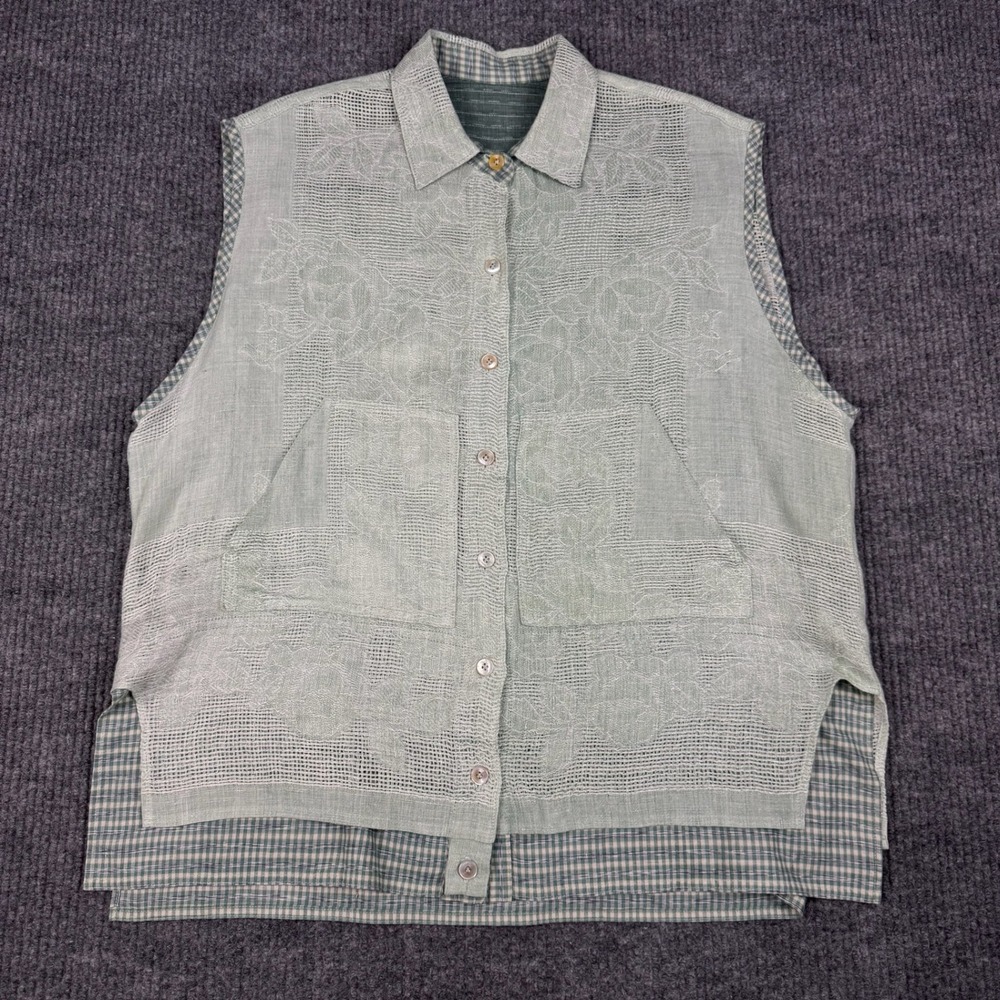 Floral Open Weave Vest Womens XL Gingham Button Up Lagom Artsy Boho Cottagecore
